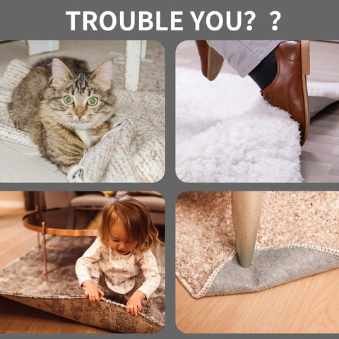 Image showing issues of rugs curling and slipping in various scenarios, highlighting the need for No Slip Rug Gripper Discs 12 Pack Double Sided Reusable Rug Tape To Keep Area Rugs Flat And Stop Curling Stays Put On Hardwood And Tile Floors Washable White Easy To Use.