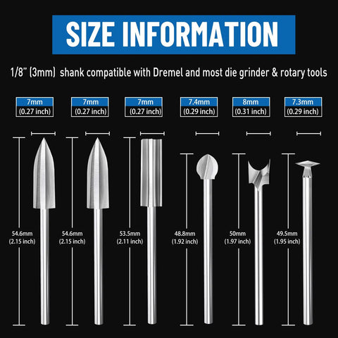 Killer Wood Carving Bits For Rotary Tools And Dremel Kit Accessories Featuring Precision Engraving Drill Heads Plus Cutting Wheels For Hardwood And Softwood Diy Crafts That Hit Different size information with various bit dimensions and compatible shank details.