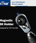 Close-up of the 2-In-1 Mini Ratchet Wrench Adapter with Magnetic One Quarter Inch Hex Bit Holder, showing the magnetic bit holder.