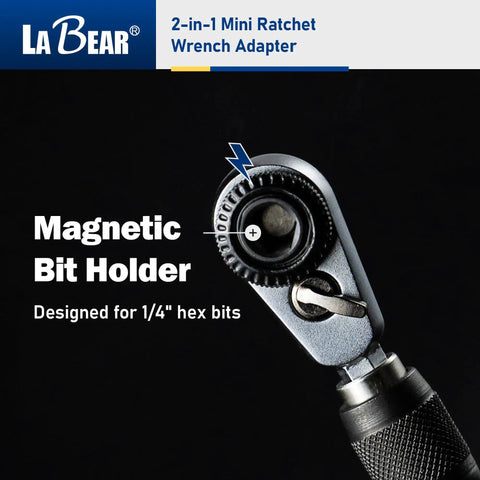 Close-up of the 2-In-1 Mini Ratchet Wrench Adapter with Magnetic One Quarter Inch Hex Bit Holder, showing the magnetic bit holder.