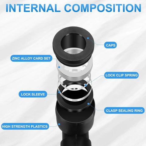 Exploded view of Five Pack Pro Grade Pneumatic Female Elbow Fittings showing internal components and materials