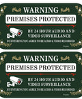 Real Sturdy Aluminum Video Surveillance Signs 2 Pack Keep Your Property Locked Down Smooth Motion Warning Decals For Homes And Buildings Zero Hassle Wall Mounting Setup Installed, two signs featuring green background and security camera design.