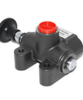 Heavy Duty Manual Hydraulic Selector Valve Three Way Two Position With 21 GPM Flow Cast Iron Construction Open Crossover Chrome Plated Spool SAE Ports Three Quarter Inch Thread 3000 PSI Rating Built Tough For Industrial Hydraulics.