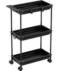 Slim 3 Tier Rolling Storage Cart for Narrow Spaces black metal frame with easy glide casters, front view