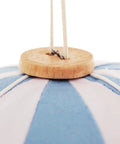 Close-up of Handmade Hanging Hot Air Balloon Nursery Decor In Baby Blue For Kids Room showing wooden top and cords.