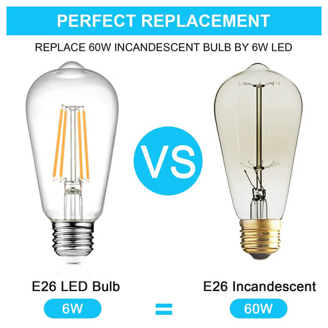 Comparison of Vintage Style Retro Edison LED Filament Bulbs Pack Of 4 6W Equivalent To 60W Non Dimmable with incandescent.