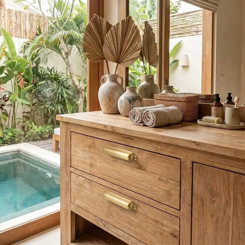 Ten Pack Gold Cup Pulls Three Inch Center To Center Cabinet And Drawer Handles For Kitchen Hardware featuring gold handles on wooden dresser.