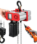 Lightweight Mini Electric Chain Hoist 1100 Lb Capacity With Two Speed Pendant Control showing the lift handle and stop button.