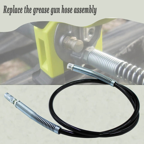 Grab-And-Go Forty-Seven Inch Grease Gun Hose With Coupler Replacement For 18 Volt P3410 And P163, shown installed.