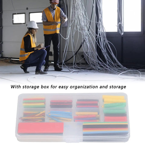 Cool 164Pc Heat Shrink Tubing Kit Is A Total Game Changer For Pro Grade Electrical Wire Group Marking Durable Polyolefin Insulation Sleeving Perfect For Solder Joint Protection And DIY Projects That Need To Get Done Right. storage box with color-coded heat shrink tubing and electricians working