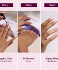 GelShift Transformative Top Coat And Foldable UV Lamp Set for Gel Nails, showing application, UV cure, and shiny finish.