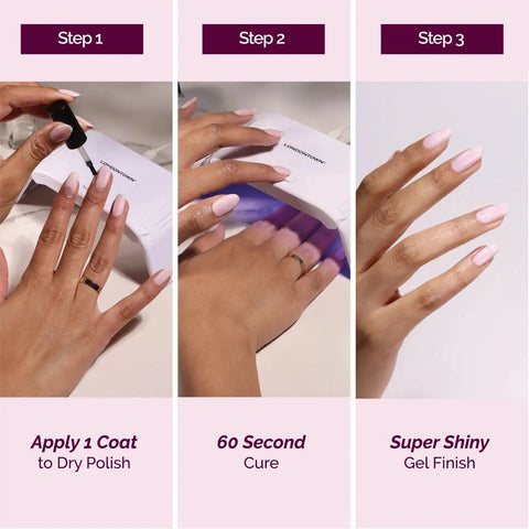 GelShift Transformative Top Coat And Foldable UV Lamp Set for Gel Nails, showing application, UV cure, and shiny finish.
