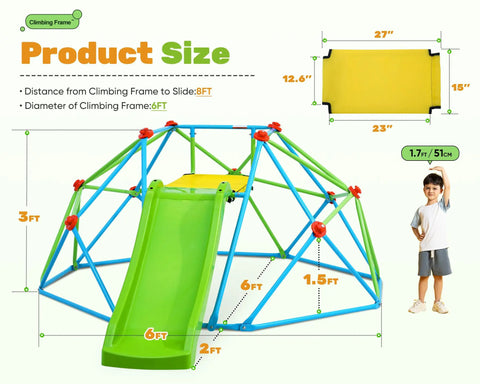 Diagram showing dimensions of 8ft Climbing Dome With Slide, featuring 6ft slide length, for toddlers and kids ages 3 to 8.