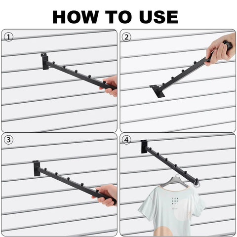 Installation steps for Slatwall Waterfall Hooks Set Of 6, 15.75 Inch Ball Hangers for closet organization on slat wall.