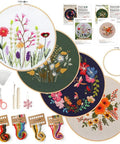 Four Pack Embroidery Kit For Beginners And Adults DIY Starter Set With Flower Patterns Cross Stitch Includes Embroidery Hoop Tools