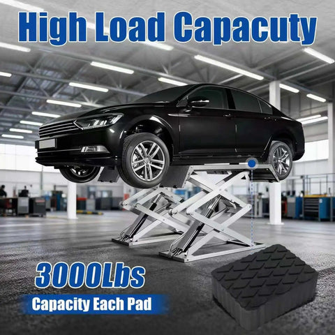 Beefy Solid Rubber Auto Lift Pads 3000Lb Heavy Duty Jack Stand Blocks Anti Slip for car lifts in a garage setting.