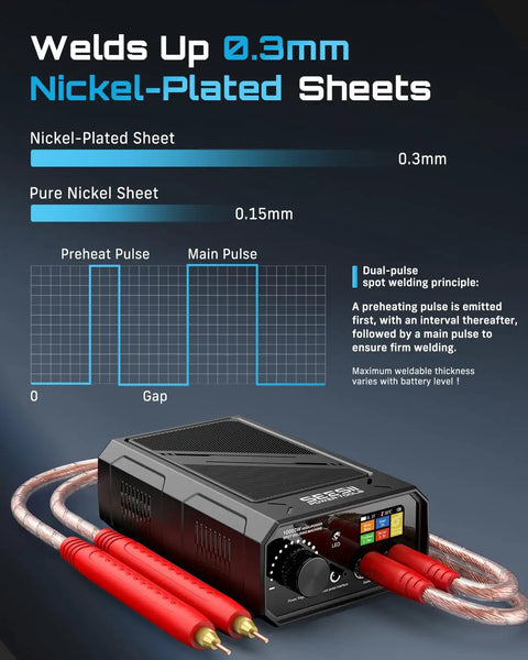 Kickass 10Kw Cordless Spot Welder With Crisp Lcd Display showing welding capacity for nickel sheets up to 0.3mm