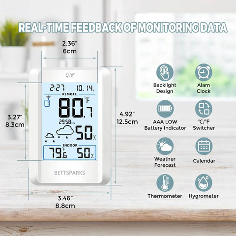 Indoor Outdoor Wireless Weather Station With 330 Foot Range No Fuss Digital Hygrometer Thermometer Battery Powered Temperature Gauge Humidity Monitor Clock And Backlight Inside Outside Readings On A Big Four Inch Display on a table
