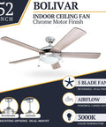 52 Inch Modern LED Ceiling Fan With Light Pull Chain Dual Mounting Options Chrome Finish Blades Reversible Motor Keeps Your Rooms Chill In Medium To Large Spaces Up To 400 Sq Ft, chrome motor, 5 blade, 3000K color temperature.