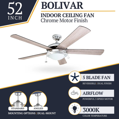 52 Inch Modern LED Ceiling Fan With Light Pull Chain Dual Mounting Options Chrome Finish Blades Reversible Motor Keeps Your Rooms Chill In Medium To Large Spaces Up To 400 Sq Ft, chrome motor, 5 blade, 3000K color temperature.