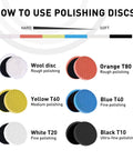 Six-Piece Polishing Pad Kit For Car Detailing With Sponge And Wool Pads, showing wool and colored discs with hardness guide.
