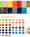 140 Set T5 Plastic Snap Button Kit With 14 Color Options No Tools Needed No Sew Snaps for DIY crafts, tools visible.