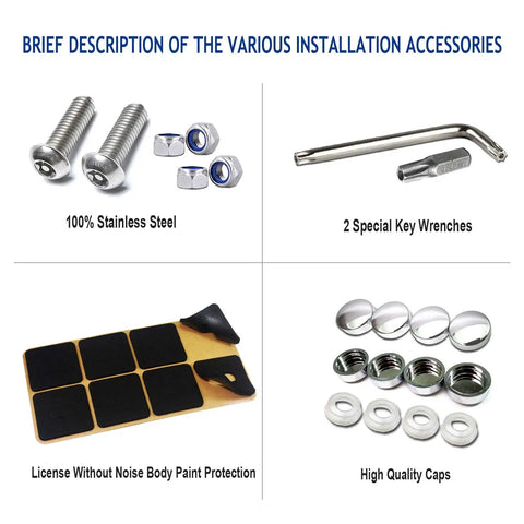 Anti Theft License Plate Screws Kit For Cars Tag Frame Holders Stainless Steel Mounting Hardware Tamper Resistant Security Screw Set 1 Quarter Inch M6 Rust Proof Chrome Caps ZXFOOG installation accessories with stainless screws, wrenches, and caps.