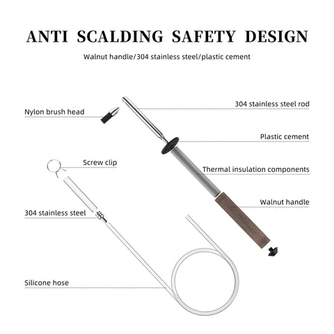 Pro Grade High Pressure Steam Coffee Brush For Espresso Machines with walnut handle and stainless steel components diagram