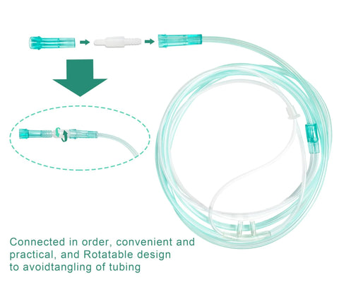 Oxygen tubing with 360-degree swivel connectors, male/female, clear teal tubing, 10-pack
