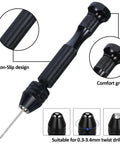 Front view of black pin vise hand drill with knurled grip and twist bit; suitable for 0.3–3.4 mm twist drills.