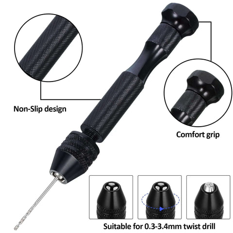 Front view of black pin vise hand drill with knurled grip and twist bit; suitable for 0.3–3.4 mm twist drills.