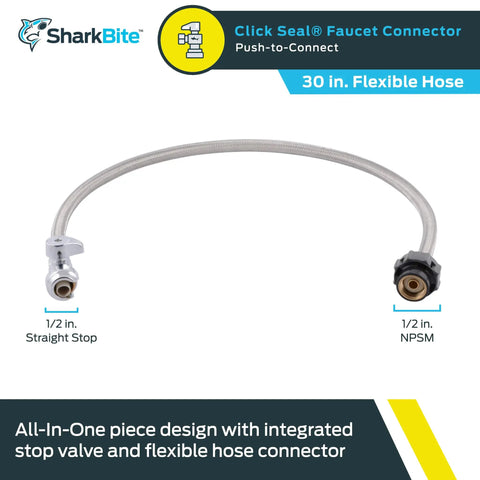 1/2 Inch Straight Stop To 1/2 Inch NPSM Click Seal Faucet Connector, 30 Inch Push To Connect Brass Plumbing Fitting Hose