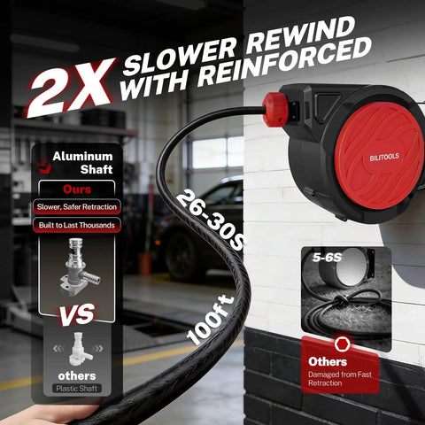 Retractable Air Hose Reel With Auto Rewind Three Eighths Inch By One Hundred Feet Heavy Duty Hybrid Hose 300 PSI Max Enclosed Wall