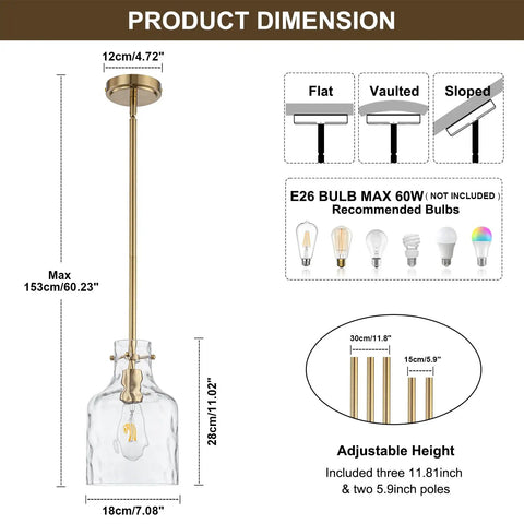 Industrial Pendant Light Trio For Kitchen Island 3 Light Glass Pendant Fixture With Seeded Shade Adjustable Cord dimension guide