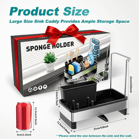 Stainless Steel Sink Caddy With Sponge Holder And Brush Holder Plus Towel Rack And Soap Dispenser Kitchen Sink Organizer For Countertop Must Have Rustproof Easy To Clean Modern Black Finish with box.