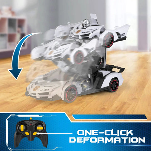 RC Totally Transforming Car Robot For Kids showing one button deformation to robot with flashing lights.
