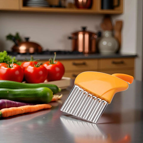 Orange vegetable crinkle cutter with stainless steel ribbed blade on kitchen counter