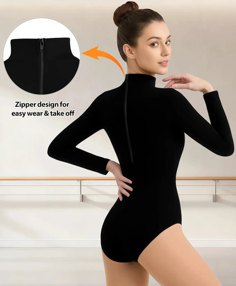 Back Zip Turtleneck Ballet Leotard for Women, No Front Hardware for Clean Lines, comfy sleek dancewear, rear view with zipper detail