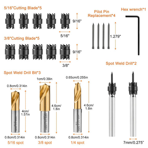 Image of Spot Weld Cutter Drill Bits Set 20-Piece Heavy-Duty HSS Titanium Coated, showing blades, pilot pins, and hex wrench.
