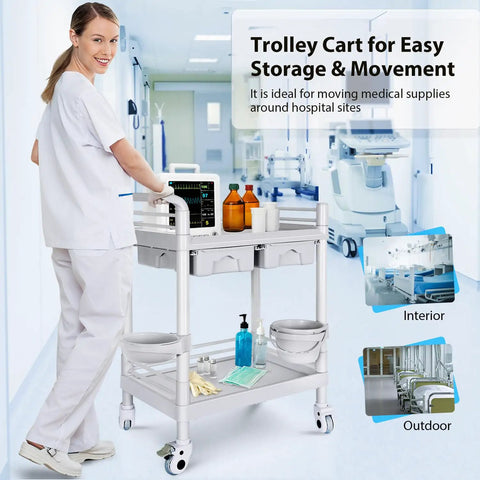 Medical Rolling Trolley Cart With 2 Shelves And Drawers, Heavy Duty Utility Cart 220 Lbs Max Load in use in a hospital.