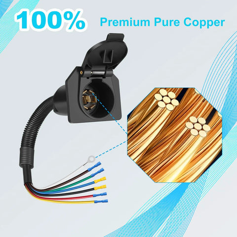 Built Tough 7 Pin Trailer Connector With Mounting Bracket And Color Coded Wiring Harness For No Fuss DIY Friendly Installation Waterproof 7 Way Plug For RVs Boats And Trailers showing pure copper wires.