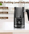 Front view of 4 In 1 Electric Milk Frother And Steamer with capacity indicators for heating and frothing milk.