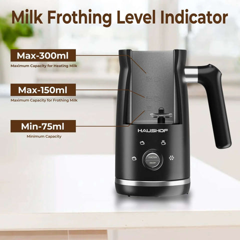 Front view of 4 In 1 Electric Milk Frother And Steamer with capacity indicators for heating and frothing milk.
