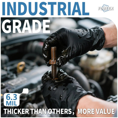 Superior Black Nitrile Gloves 6.3 Mil Thick Rip Resistant Build with killer grip for automotive repairs and maintenance.