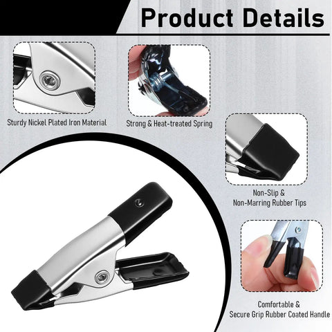 Durable 2 Inch Mini Spring Clamps With Rubber Tips For Non Slip Grab And Go Grip Heavy Duty Metal Clips displayed with details