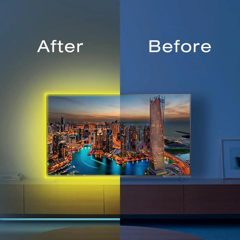 Smart WiFi RGB LED Strip Lights 25ft With App Control And Voice Assistants illuminating TV in room, before and after effect