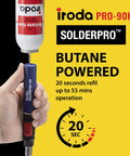 Hand holding SolderPro 90K Professional Butane Soldering Iron Kit with fuel canister for quick refills