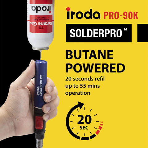 Hand holding SolderPro 90K Professional Butane Soldering Iron Kit with fuel canister for quick refills