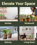 Indoor Herb Garden Kit With 44 Piece Starter Set For Your Kitchen Windowsill Or Balcony Grow 10 Gourmet Herbs Includes Burlap Pots Soil Discs Markers And Tools A No Fuss Gift For Women Mom Easter Birthday Christmas featured in various home settings.