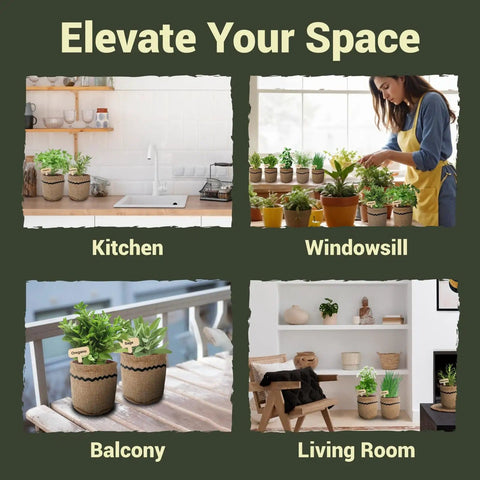 Indoor Herb Garden Kit With 44 Piece Starter Set For Your Kitchen Windowsill Or Balcony Grow 10 Gourmet Herbs Includes Burlap Pots Soil Discs Markers And Tools A No Fuss Gift For Women Mom Easter Birthday Christmas featured in various home settings.